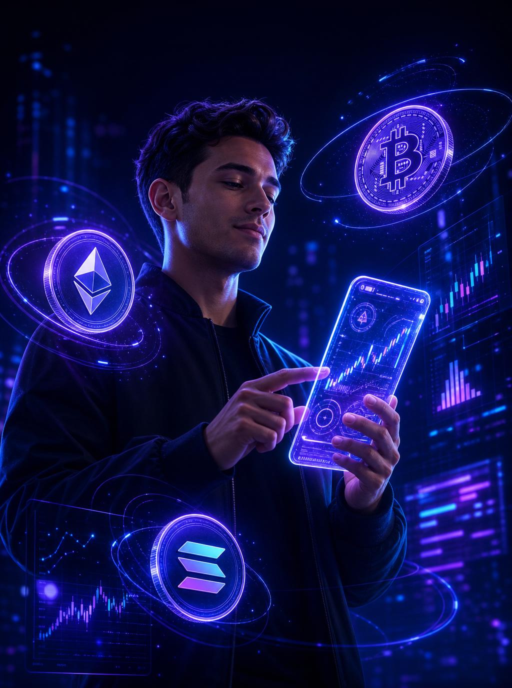 XNOVA Markets customer trading crypto on a glowing mobile app